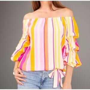 Vince Camuto Striped Off The Shoulder Bubble Sleeve Tie Front Blouse Multi M NWT